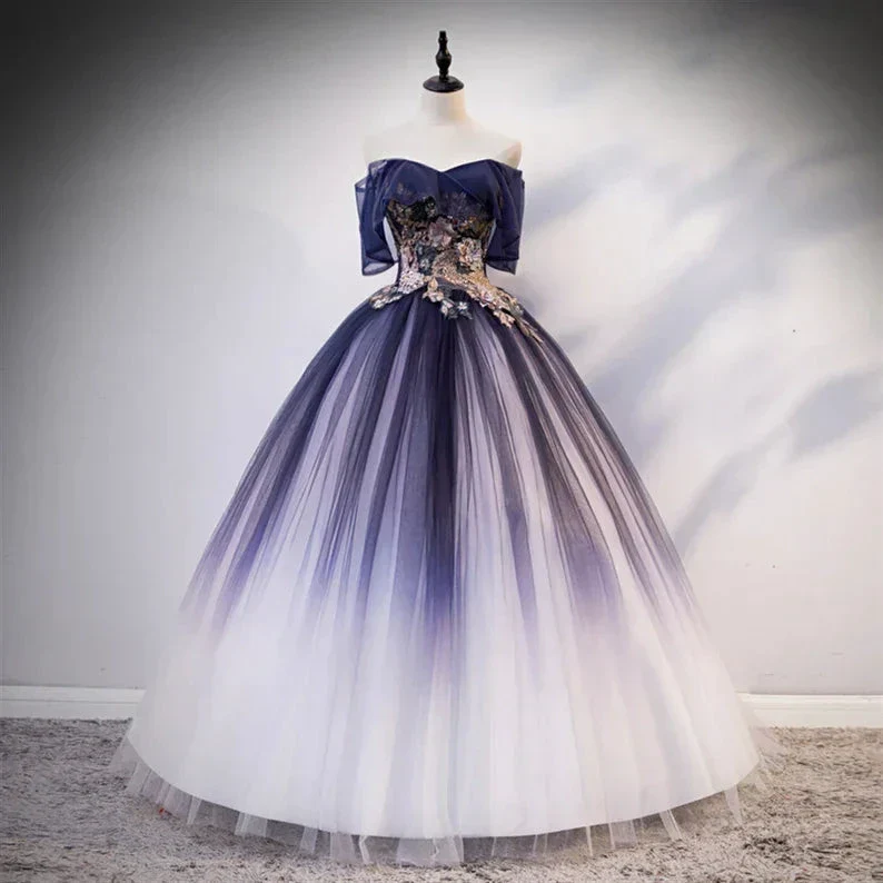 Ombre Beading Floral Lace Tulle Dress, Quinceañera Dress, Ball Gown Y1935 - Image 2