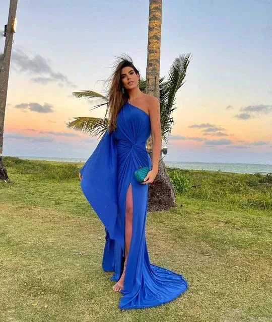 Royal Blue One Shoulder Long Evening Dress With Slit Wedding Guest Outfit Y4839 - Image 2