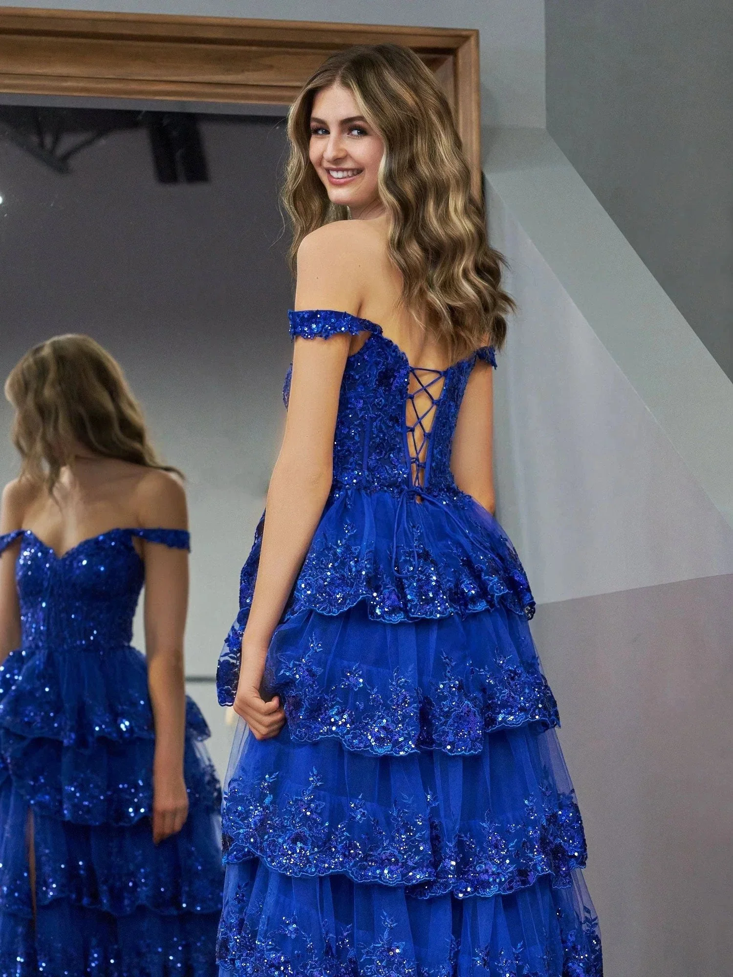 Royal Blue Princess A Line Off the Shoulder Corset Prom Dress with Lace Ruffles - Image 10