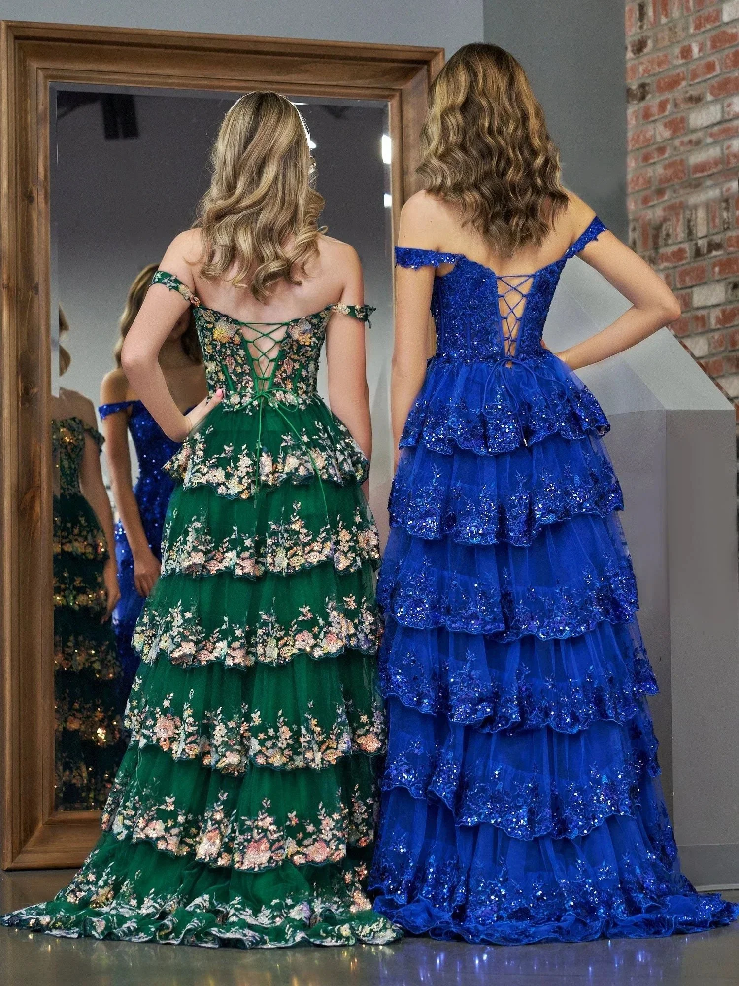 Royal Blue Princess A Line Off the Shoulder Corset Prom Dress with Lace Ruffles - Image 3