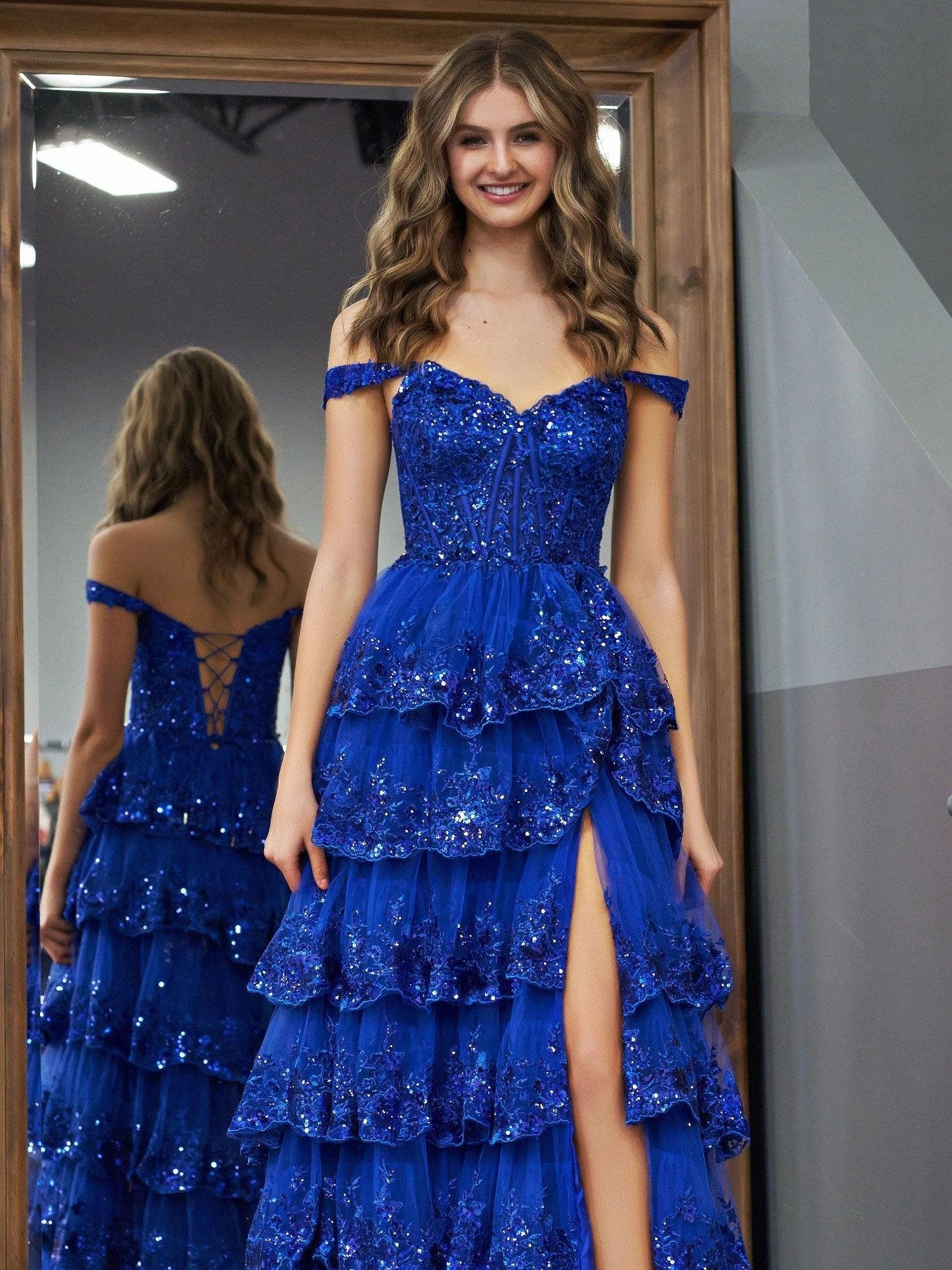 Royal Blue Princess A Line Off the Shoulder Corset Prom Dress with Lace Ruffles - Image 5