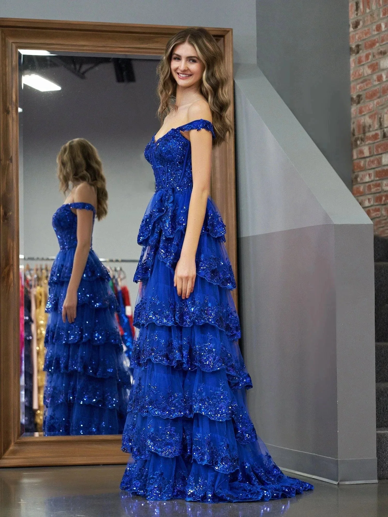 Royal Blue Princess A Line Off the Shoulder Corset Prom Dress with Lace Ruffles - Image 7
