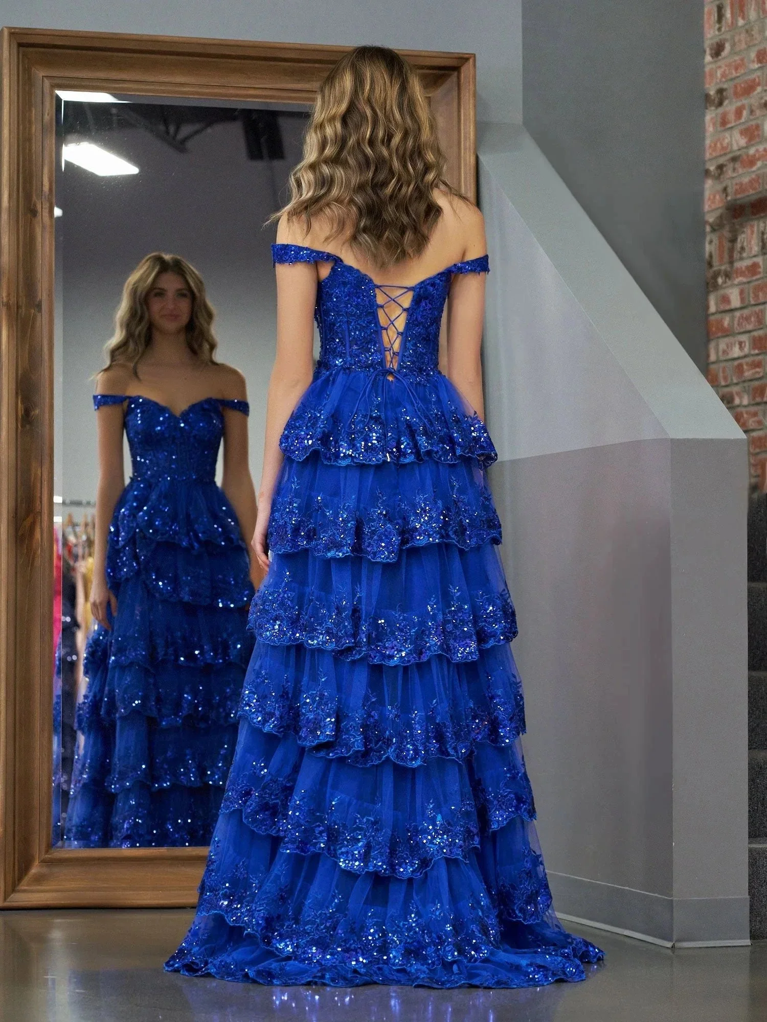Royal Blue Princess A Line Off the Shoulder Corset Prom Dress with Lace Ruffles - Image 8