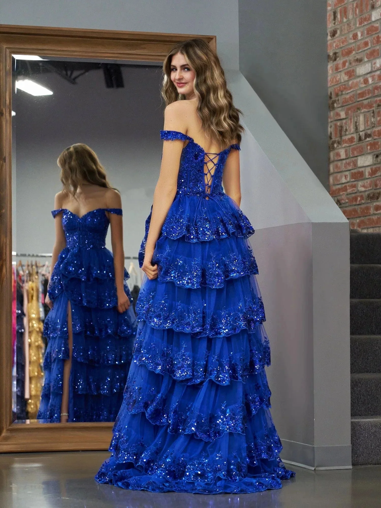 Royal Blue Princess A Line Off the Shoulder Corset Prom Dress with Lace Ruffles - Image 9