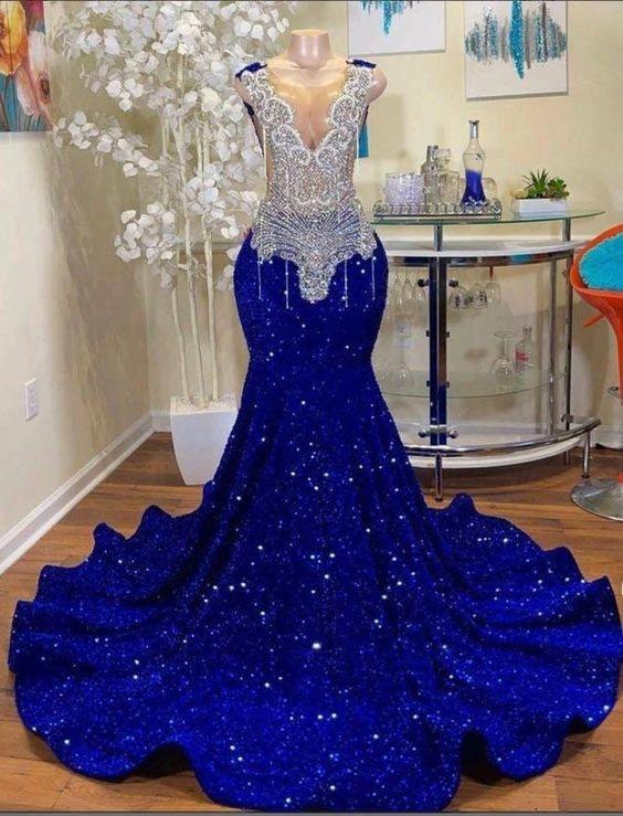 Royal blue prom dresses, crystal prom dresses, beaded prom dresses, mermaid evening dresses, sequins party dresses, mermaid evening gowns Y1595 - Image 2