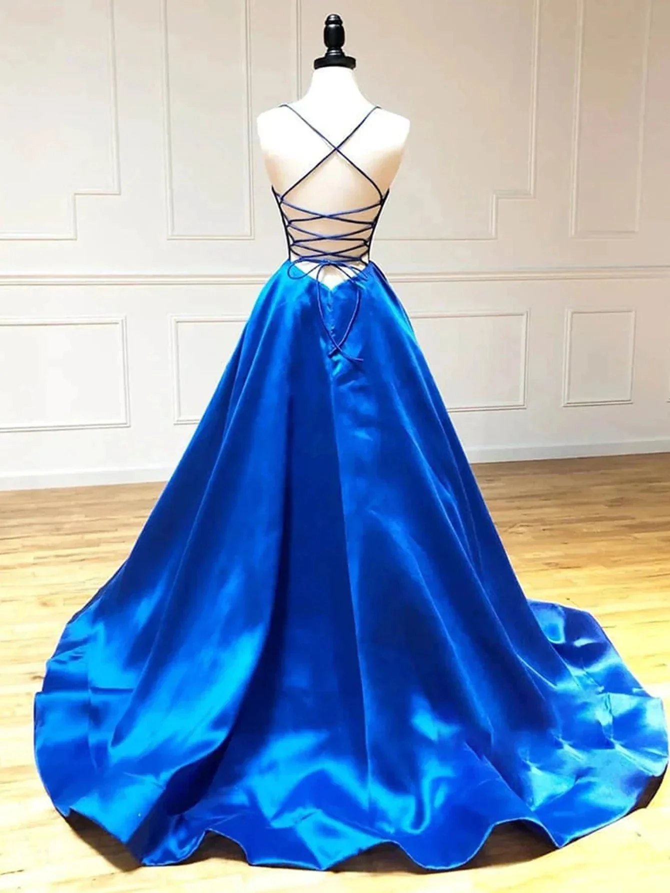 Royal Blue Satin A Line V Neck Long Prom Dress - Image 2