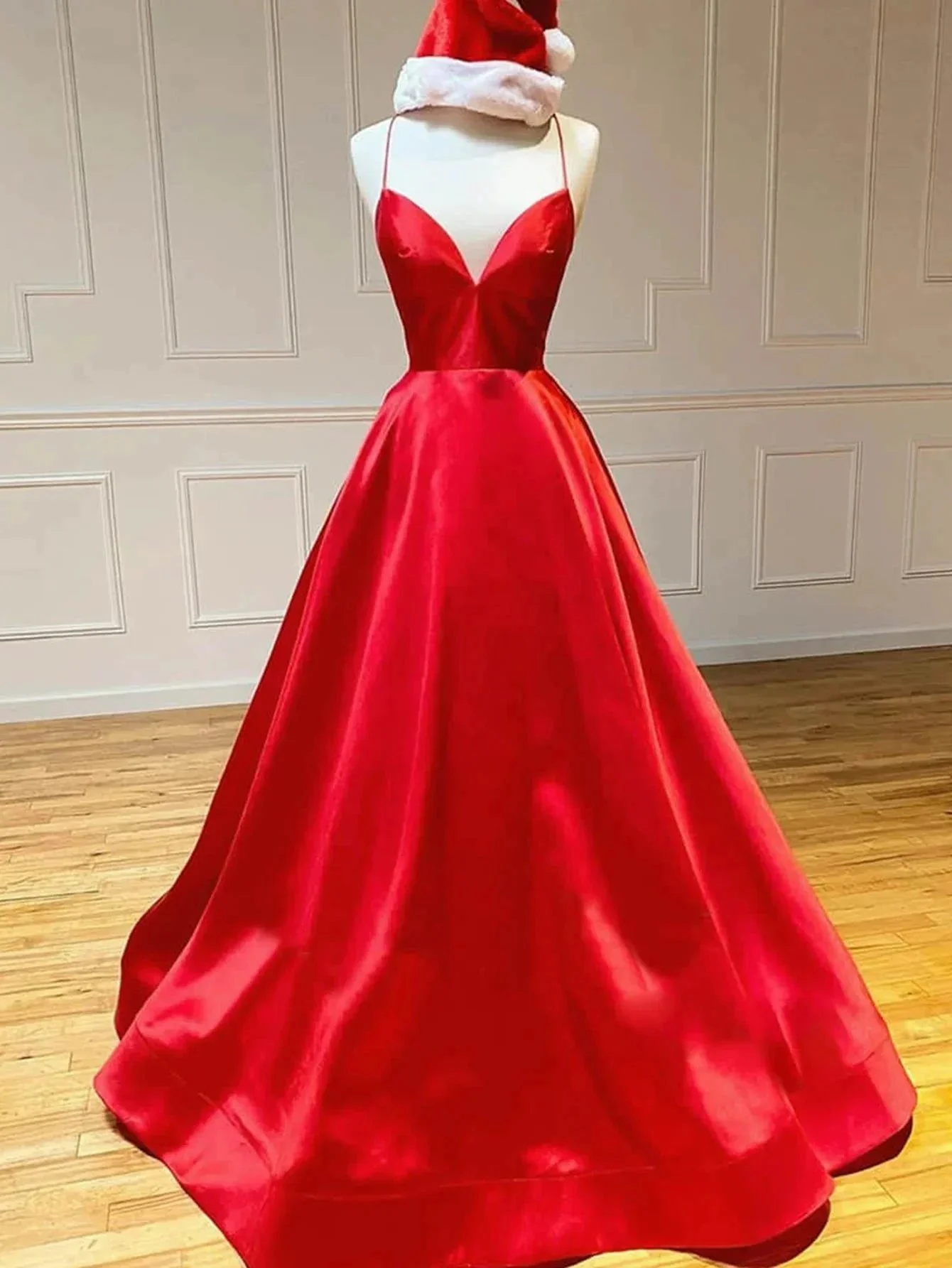 Royal Blue Satin A Line V Neck Long Prom Dress - Image 3
