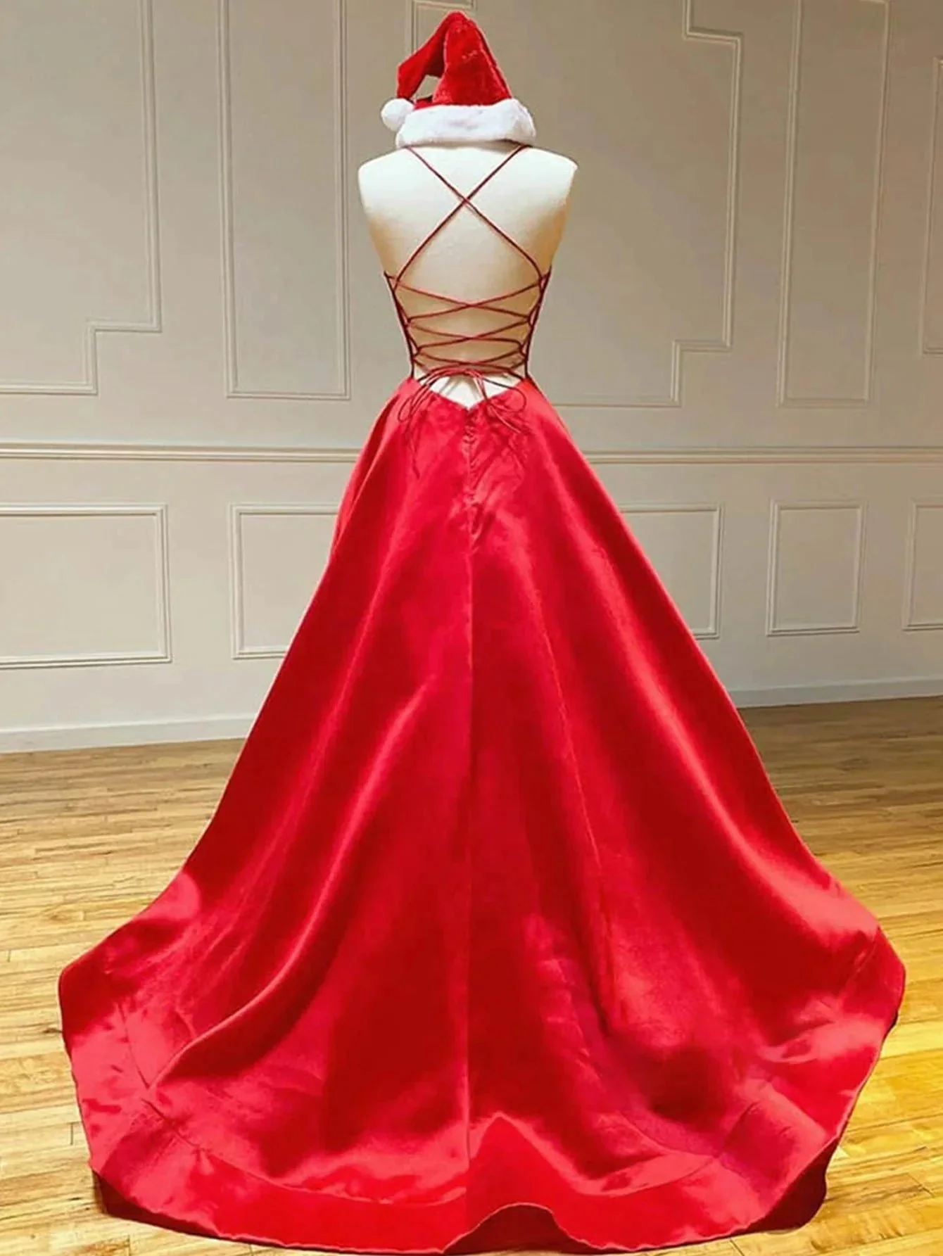 Royal Blue Satin A Line V Neck Long Prom Dress - Image 4