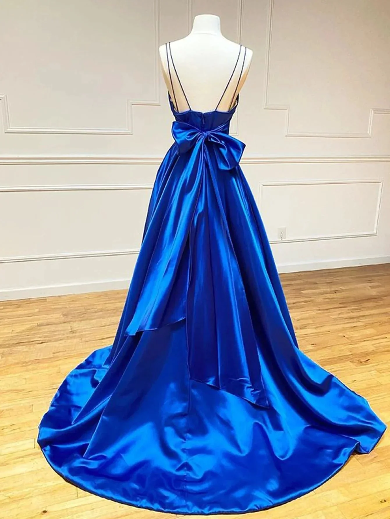 Royal Blue Satin A Line V Neck Long Prom Dress With Bow Tie - Image 2