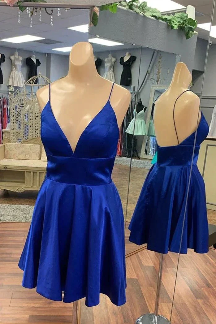 Royal Blue Satin Homecoming Dresses Backless Simple Short Prom Dresses - Image 3
