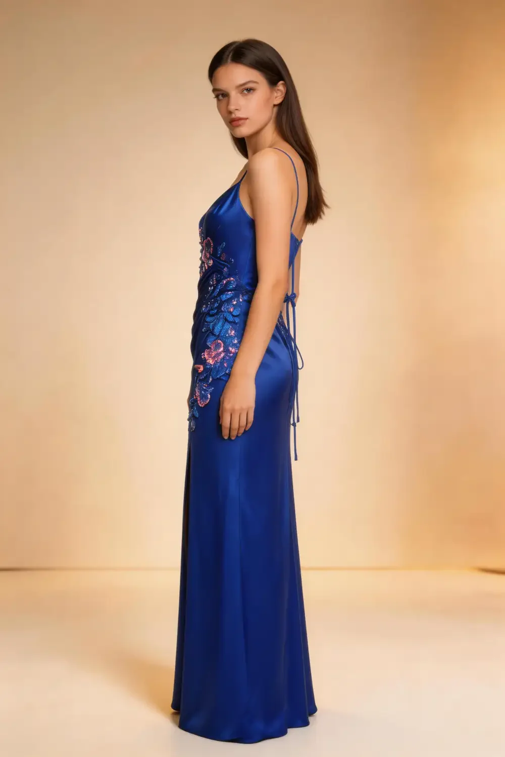 Royal Blue Satin Mermaid Prom Dress With Sequin Floral Embroidery - Image 3