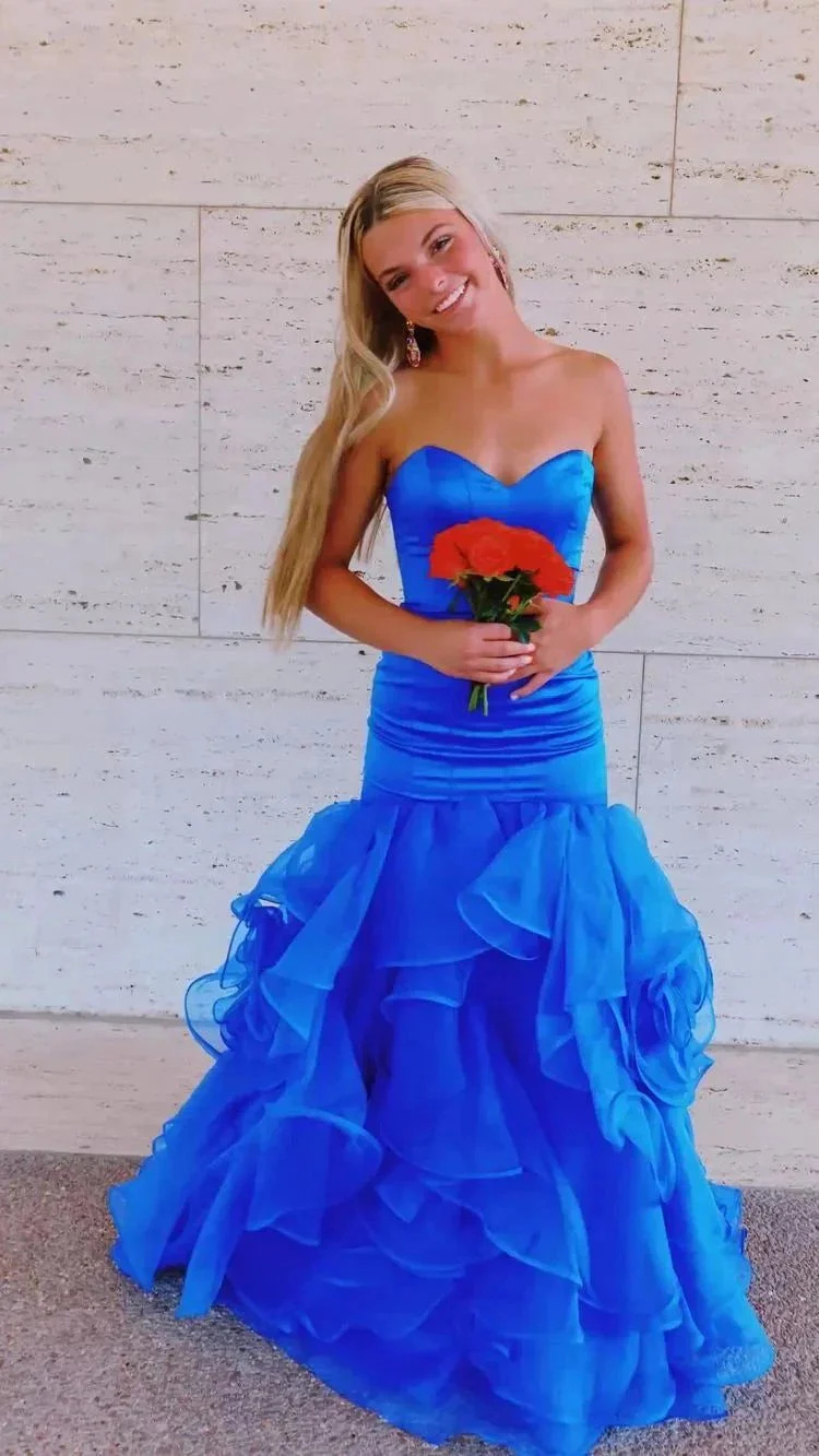 Royal Blue Satin Tulle Bottom Long Prom Dress Mermaid Evening Dress Y349 - Image 2