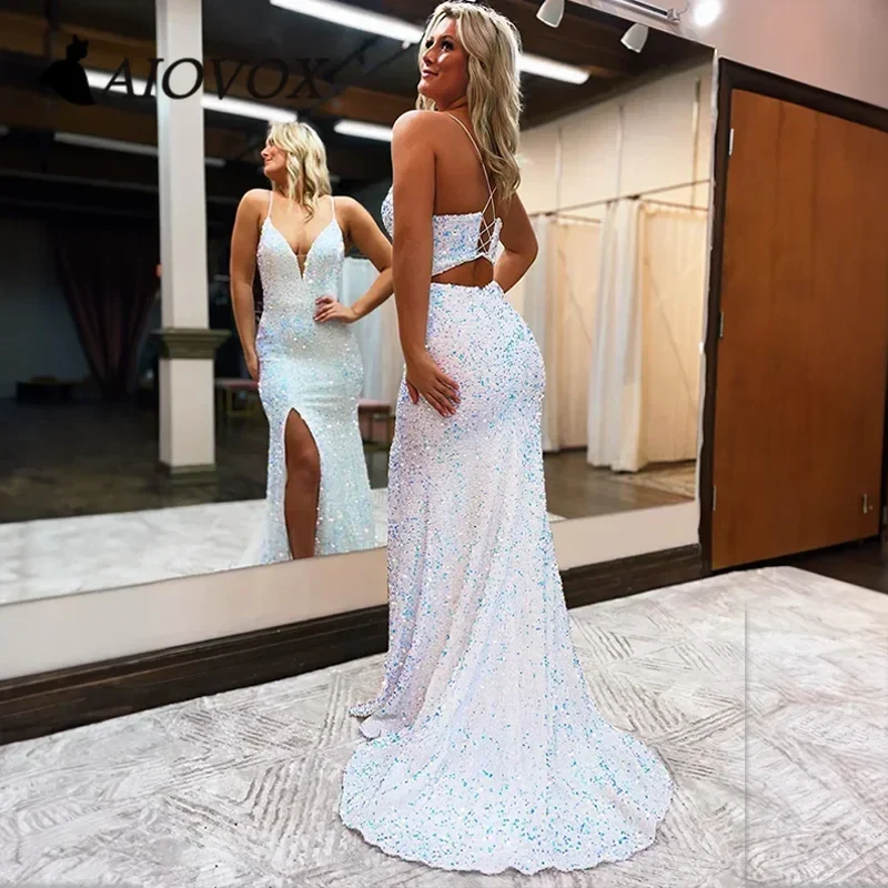 Royal Blue Sequin Prom Dress Split SYP109 - Image 3