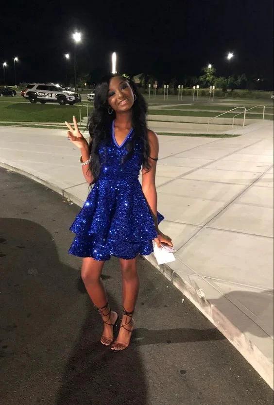Royal Blue Sequins A-line Graduation Dress Royal Blue Short Homecoming Dress Royal Blue Party Dress Y1850 - Image 2