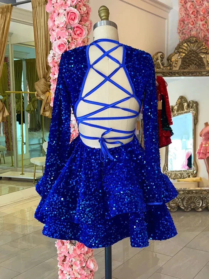 Royal Blue Sequins Homecoming Dress Backless Homecoming Dress Y2152 - Image 2