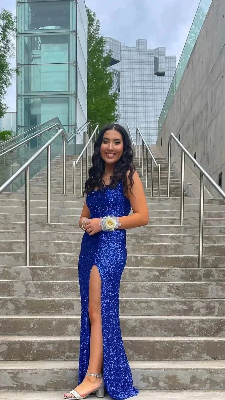 Royal Blue Sequins Long Prom Dress With Side Slit Elegant Evening Gown  Y128 - Image 2