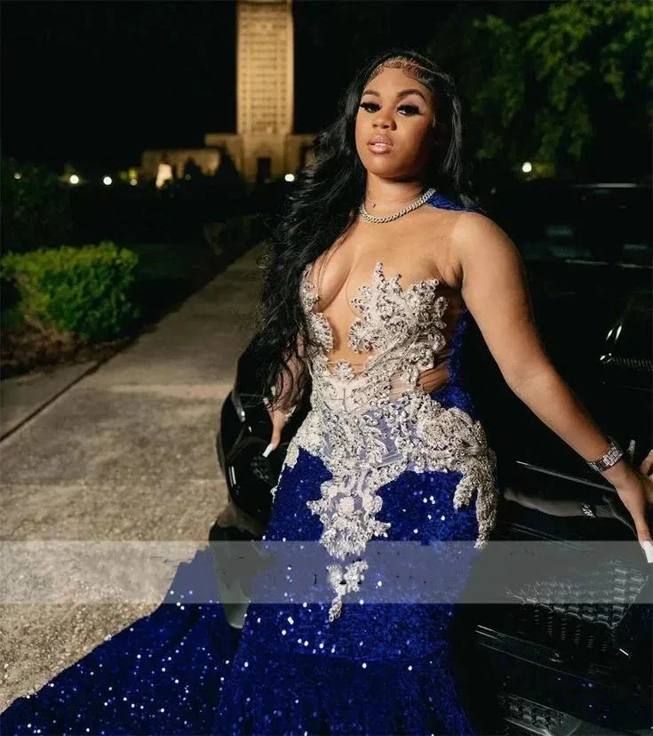 Royal Blue Sequins Mermaid Evening Dress With Sheer Neck Plus Size Formal Evening Occasion Gowns Y6358 - Image 2