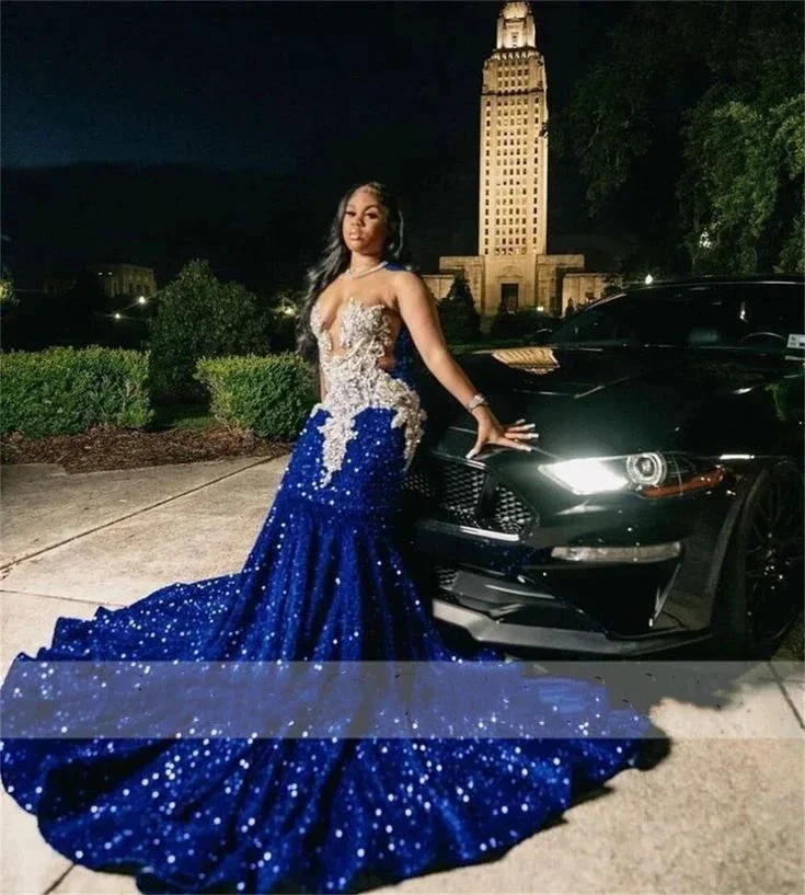 Royal Blue Sequins Mermaid Evening Dress With Sheer Neck Plus Size Formal Evening Occasion Gowns Y6358 - Image 3