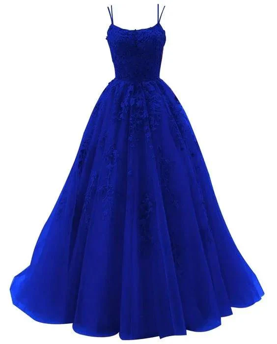 Royal Blue Spaghetti Strap Prom Dress Ball Gown Lace Appliques Wedding Tulle Long Dress Princess Formal Evening Dress Y1905 - Image 2