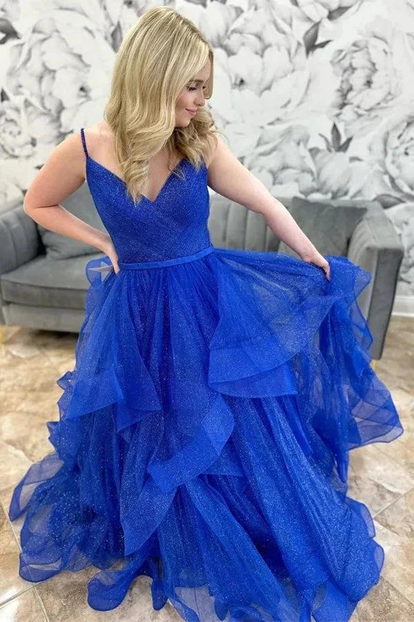 Royal Blue Sparkle Tulle V-Neck Multi-Layer Long Prom Dress PSK510 - Image 2