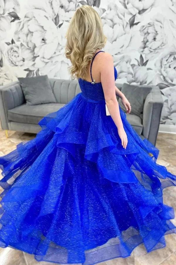 Royal Blue Sparkle Tulle V-Neck Multi-Layer Long Prom Dress PSK510 - Image 3