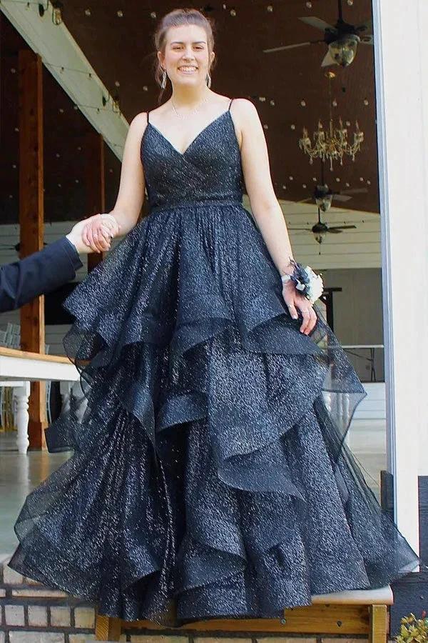 Royal Blue Sparkle Tulle V-Neck Multi-Layer Long Prom Dress PSK510 - Image 4