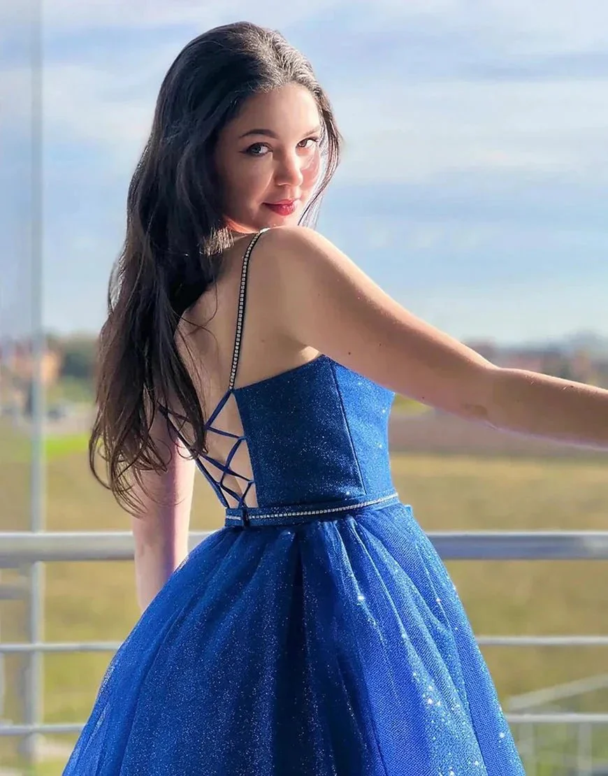 Tracy | Royal Blue Sparkly A Line Spaghetti Straps Long Prom Dress - Image 2