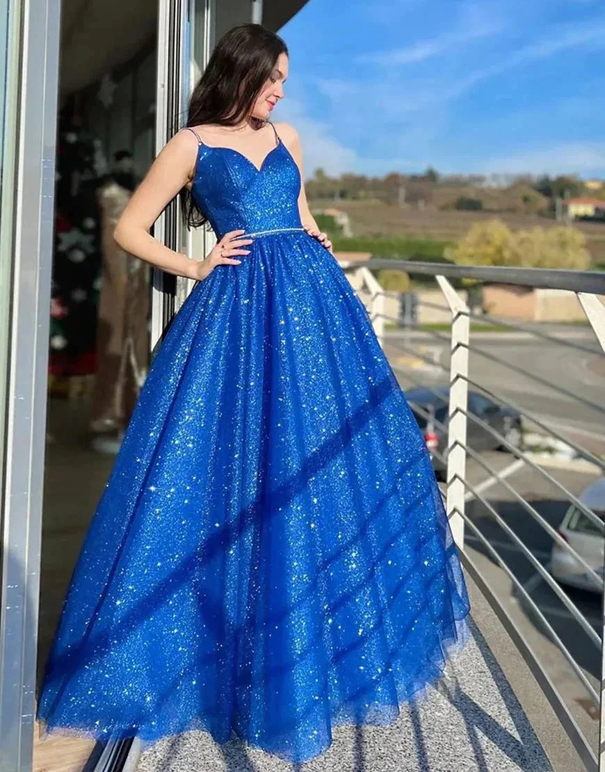 Tracy | Royal Blue Sparkly A Line Spaghetti Straps Long Prom Dress - Image 3