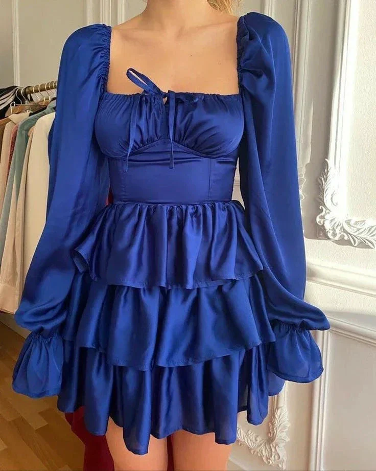 Royal Blue Square Neckline Homecoming Dress With Long Sleeves Retro Dress Y2467 - Image 2