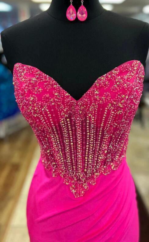 Sienna | Royal Blue Strapless Beaded Long Prom Dress with Slit - Image 2