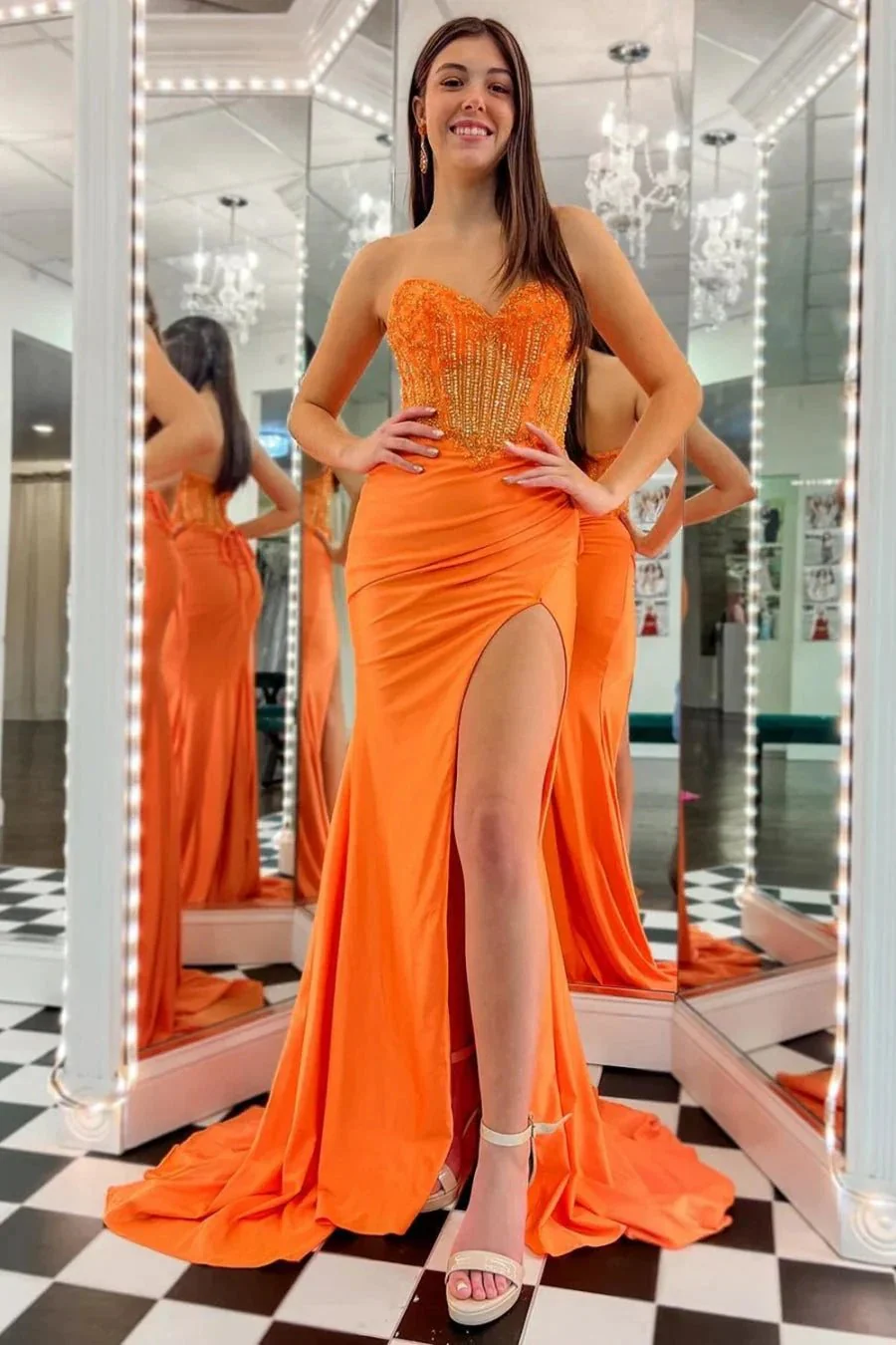 Sienna | Royal Blue Strapless Beaded Long Prom Dress with Slit - Image 3