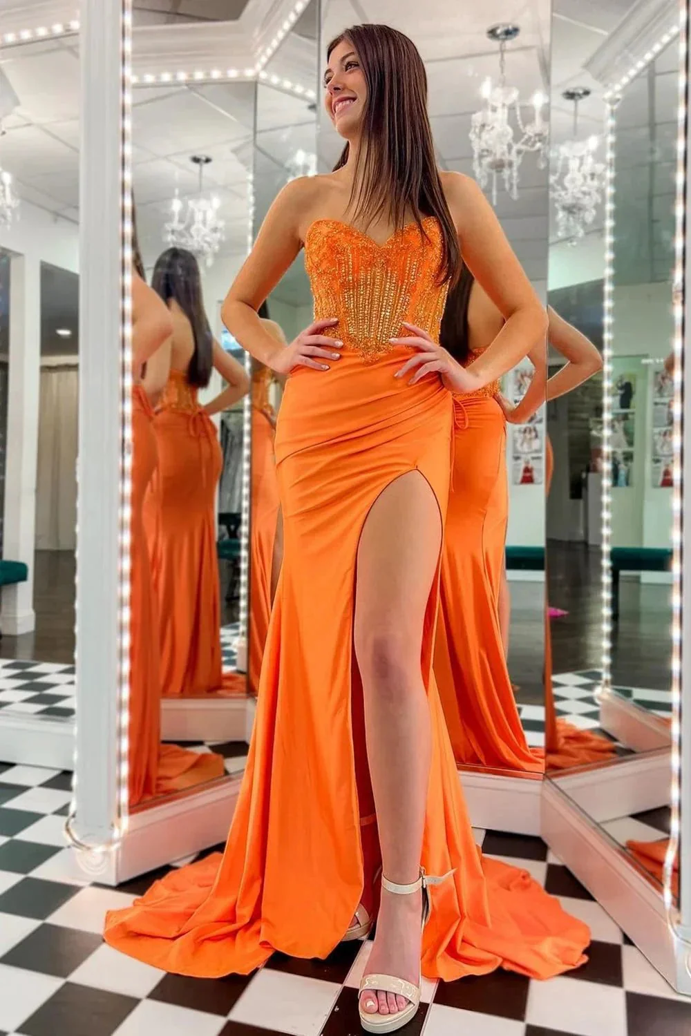 Sienna | Royal Blue Strapless Beaded Long Prom Dress with Slit - Image 4