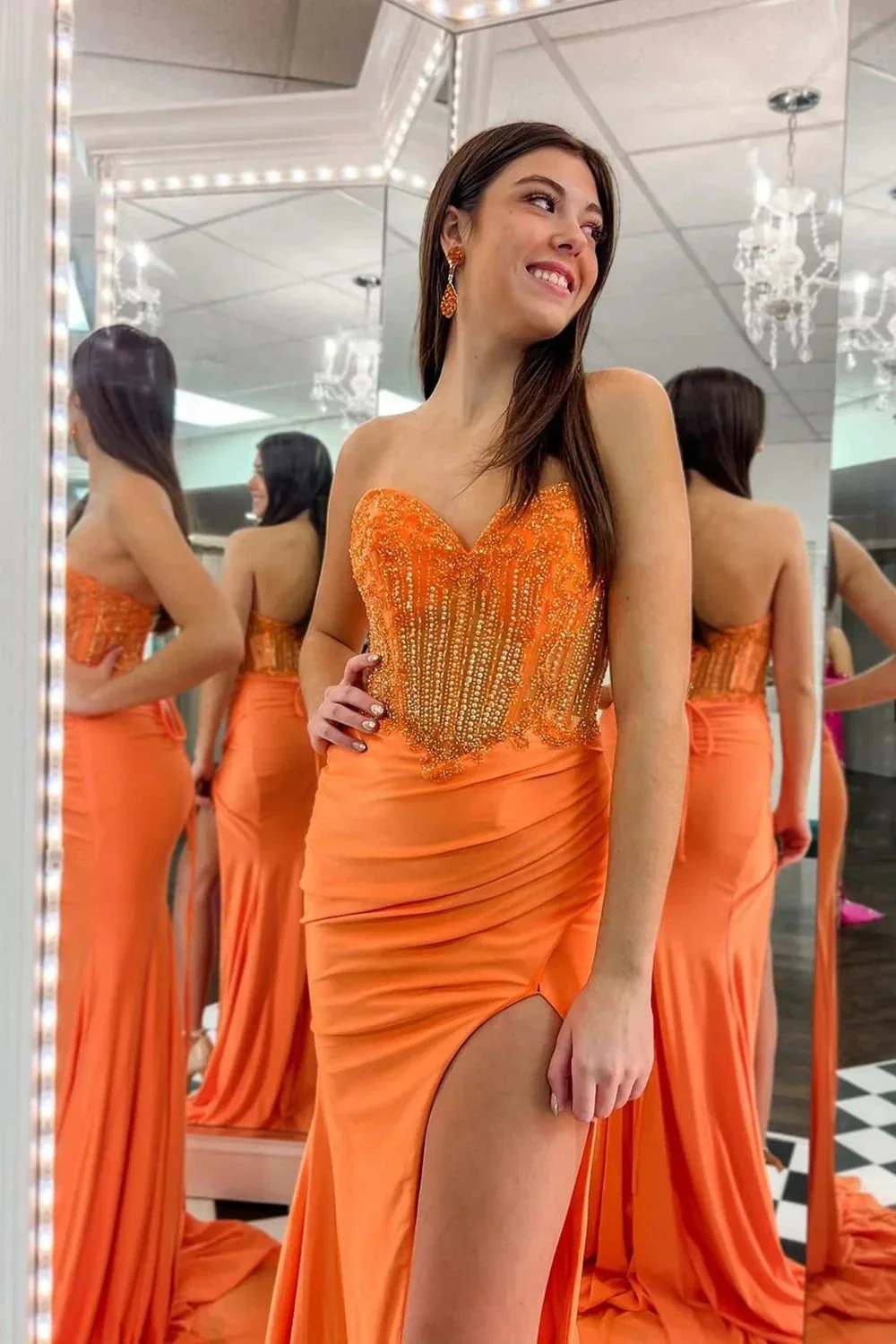 Sienna | Royal Blue Strapless Beaded Long Prom Dress with Slit - Image 5