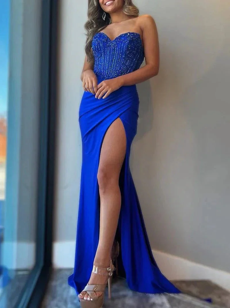 Sienna | Royal Blue Strapless Beaded Long Prom Dress with Slit - Image 7