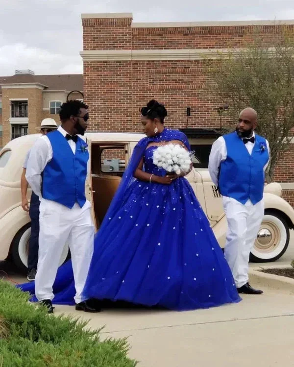 Royal Blue Tulle Ball Gown Prom Dress With Cape  S8255 - Image 2
