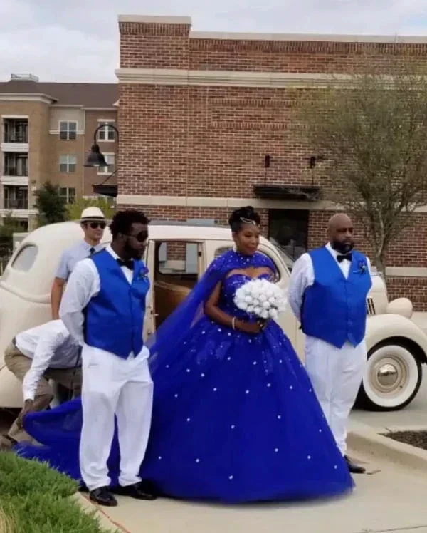 Royal Blue Tulle Ball Gown Prom Dress With Cape  S8255 - Image 3