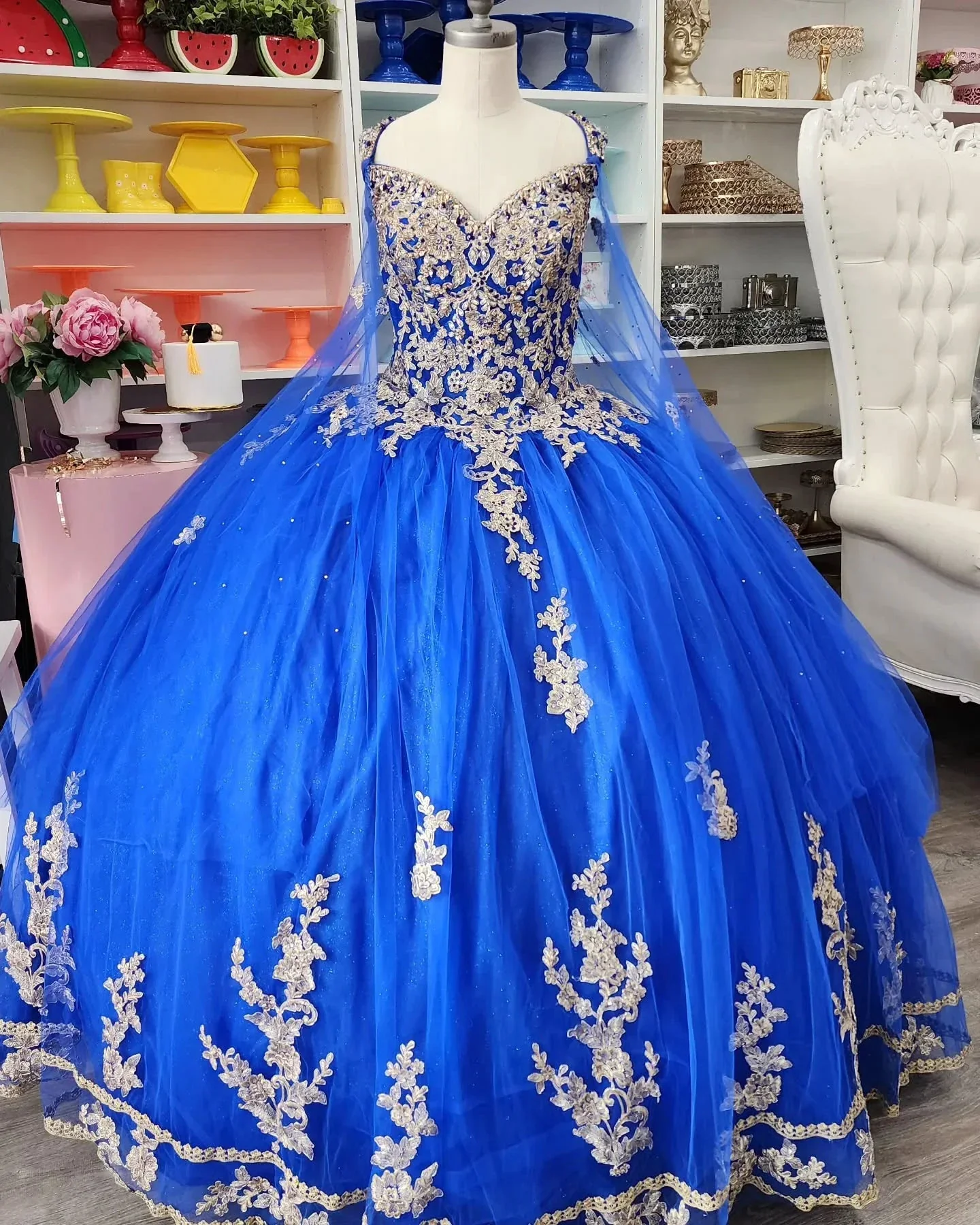 Royal Blue Tulle Ball Gown With Gold Lace Sweet 16 Dress Y530 - Image 2