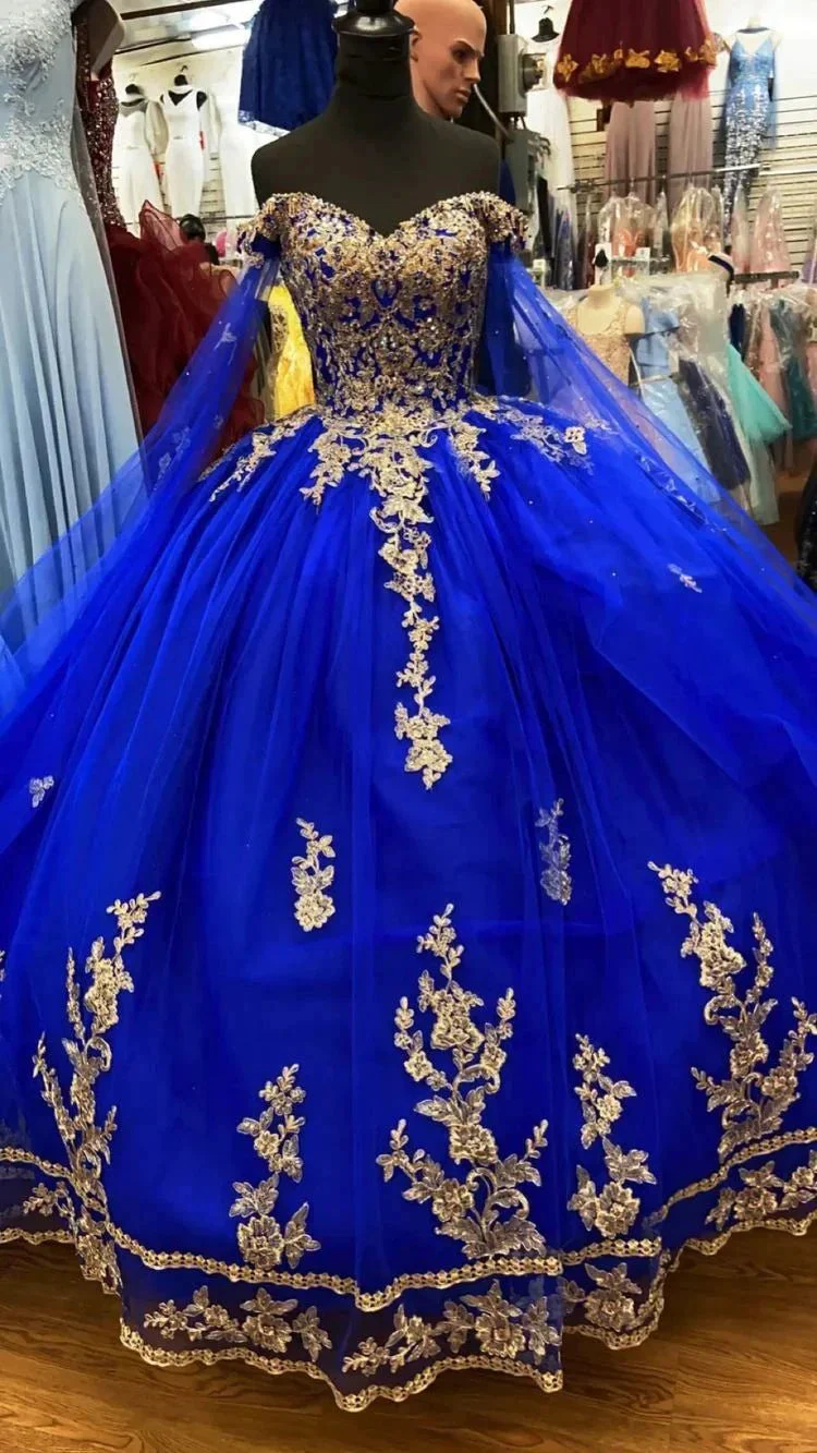 Royal Blue Tulle Ball Gown With Gold Lace Sweet 16 Dress Y530 - Image 3