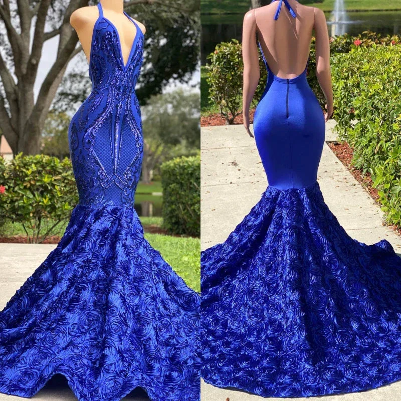 Royal Blue V-Neck Mermaid Prom Dress with Halter Neckline and Open Back - Image 5