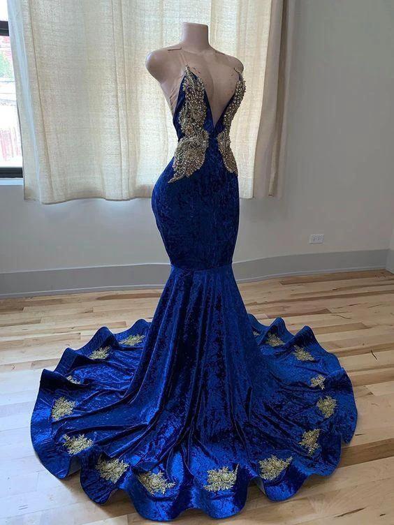 Royal Blue V-neck Spaghetti Straps Beading Sleeveless Floor-length Mermaid Prom Dresses - Image 2
