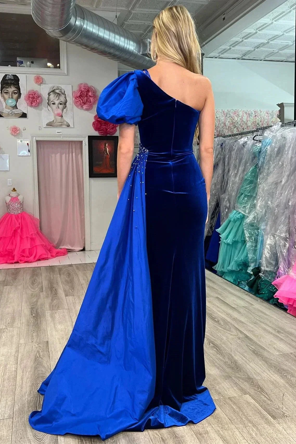 Jazmine | Royal Blue Velvet One-Shoulder Long Formal Dress with Attached Train - Image 2