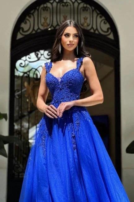 Royal Long Blue Sleeveless Prom Dresses A-line Lace Evening Dresses - Image 2