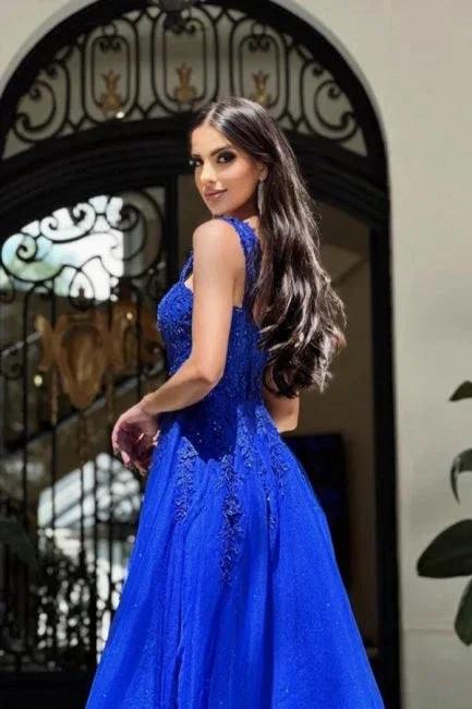 Royal Long Blue Sleeveless Prom Dresses A-line Lace Evening Dresses - Image 3