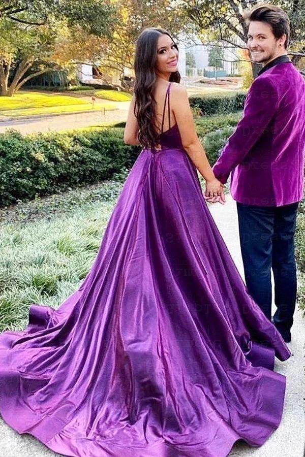 Royal Purple V-Neck Prom Gown with Spaghetti Straps and Slit - Image 2