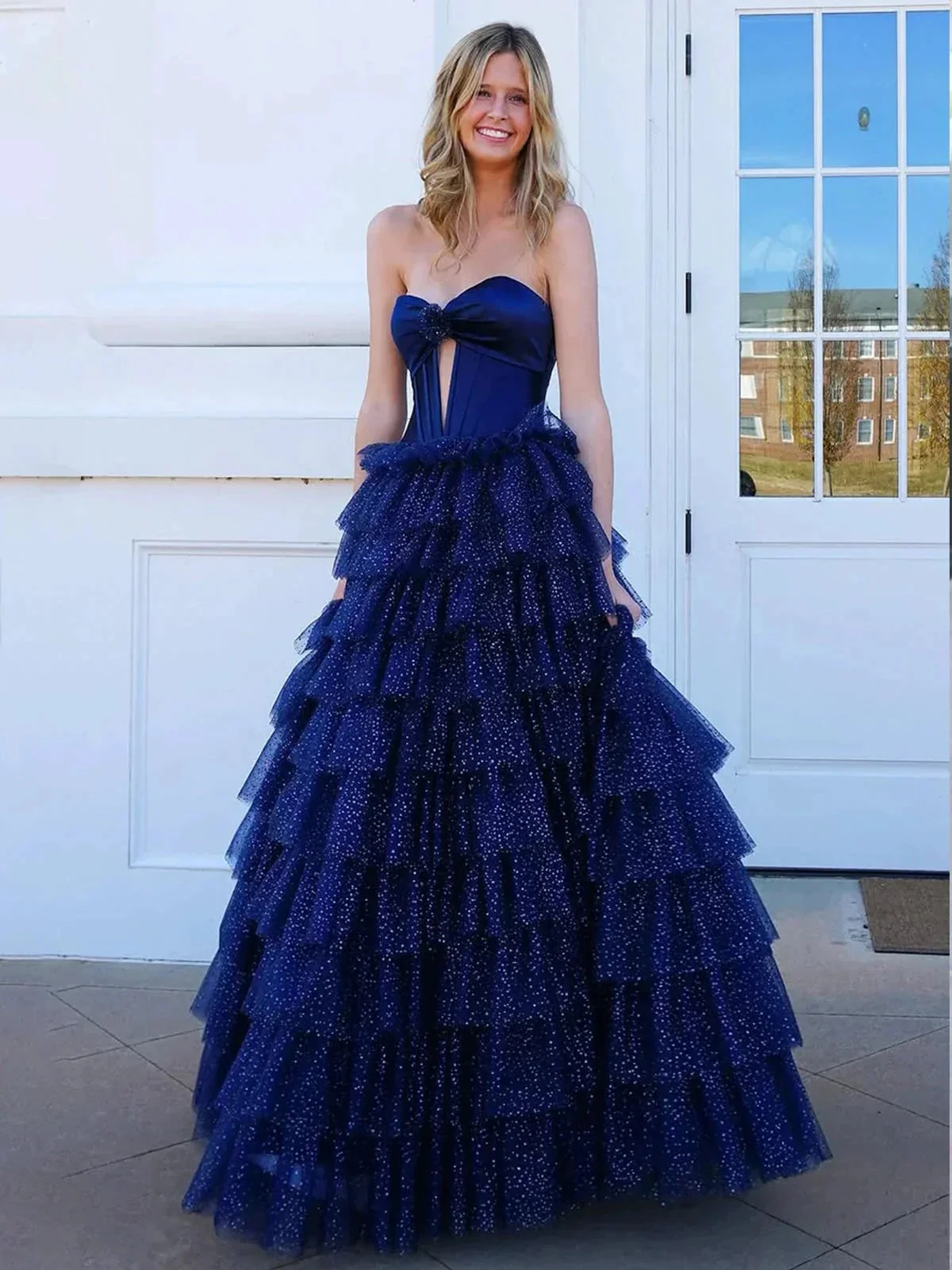 Rozara | Fuchsia A-Line Sweetheart Keyhole Tiered Tulle Long Prom Dresses - Image 3