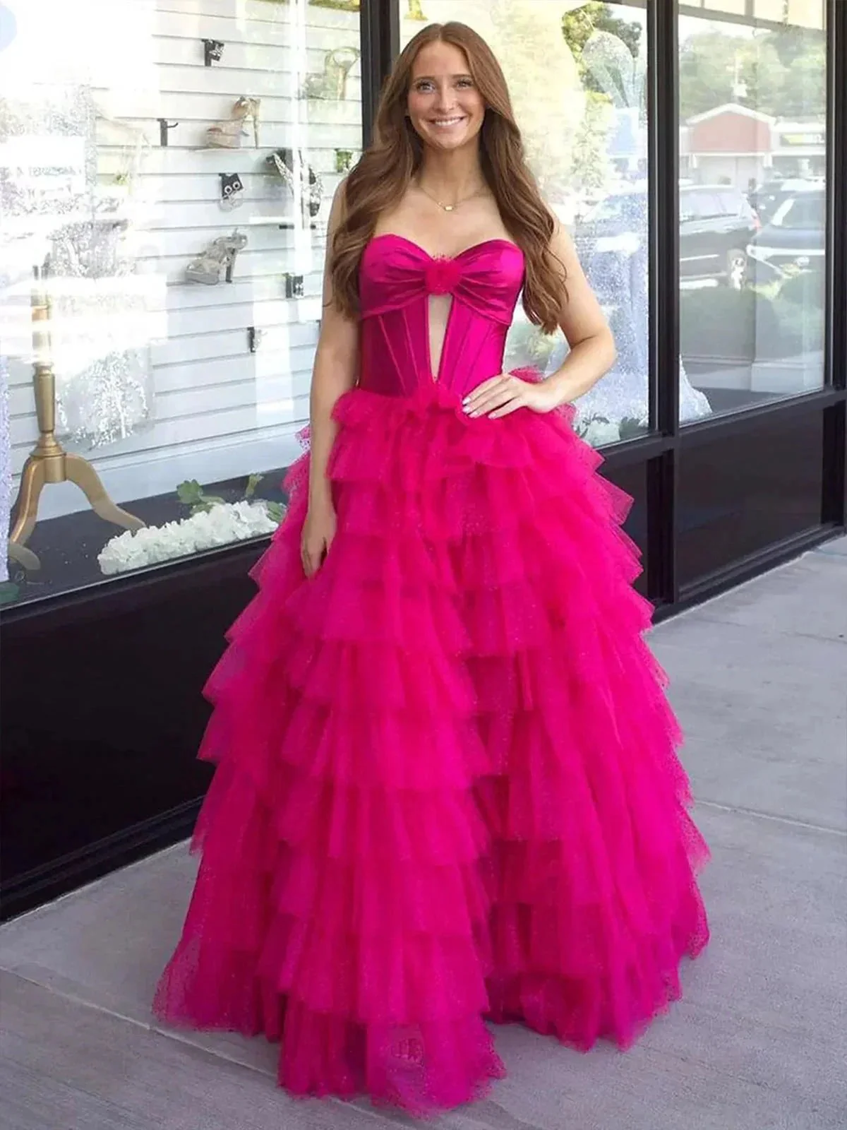 Rozara | Fuchsia A-Line Sweetheart Keyhole Tiered Tulle Long Prom Dresses - Image 4