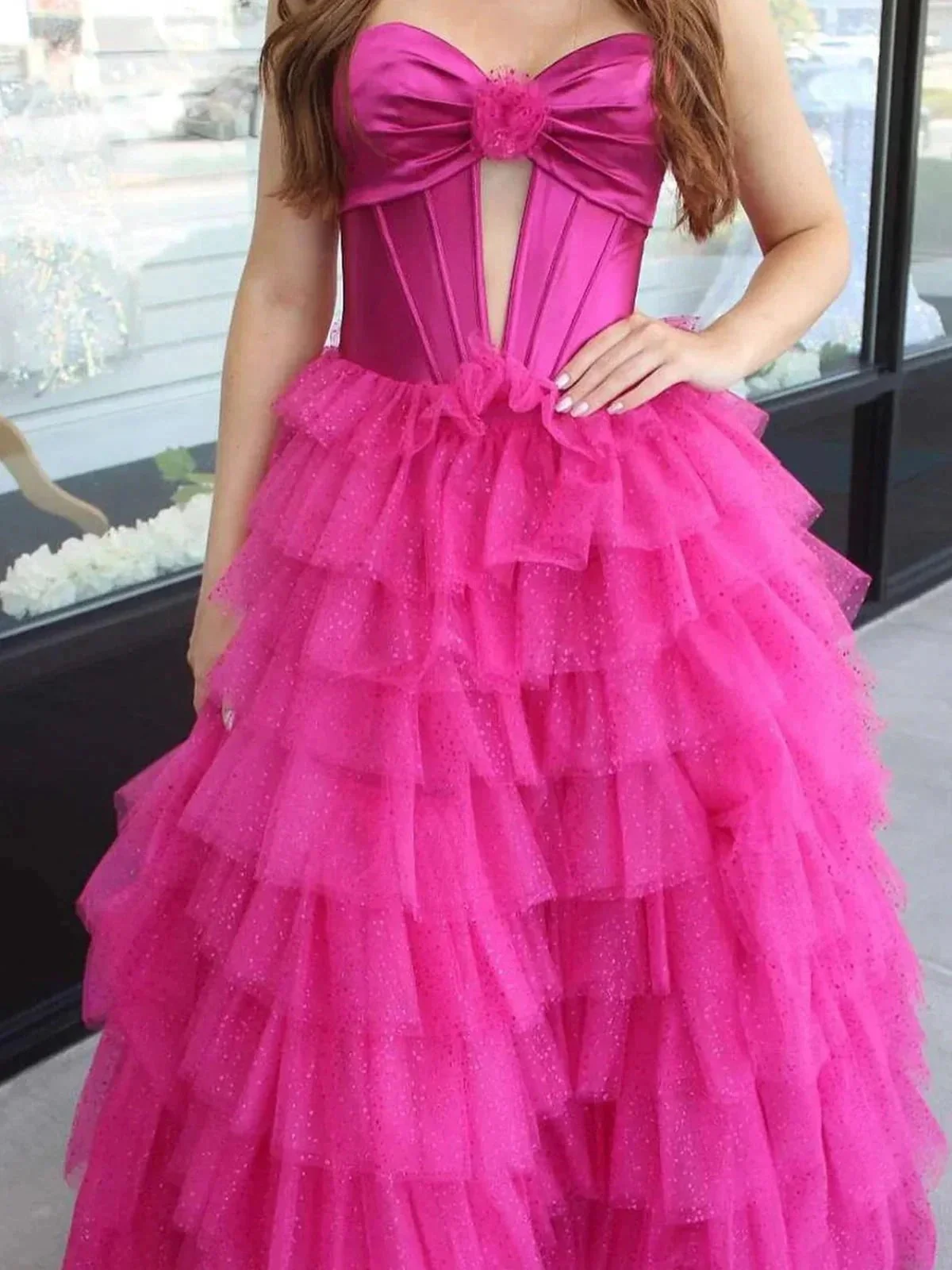 Rozara | Fuchsia A-Line Sweetheart Keyhole Tiered Tulle Long Prom Dresses - Image 5