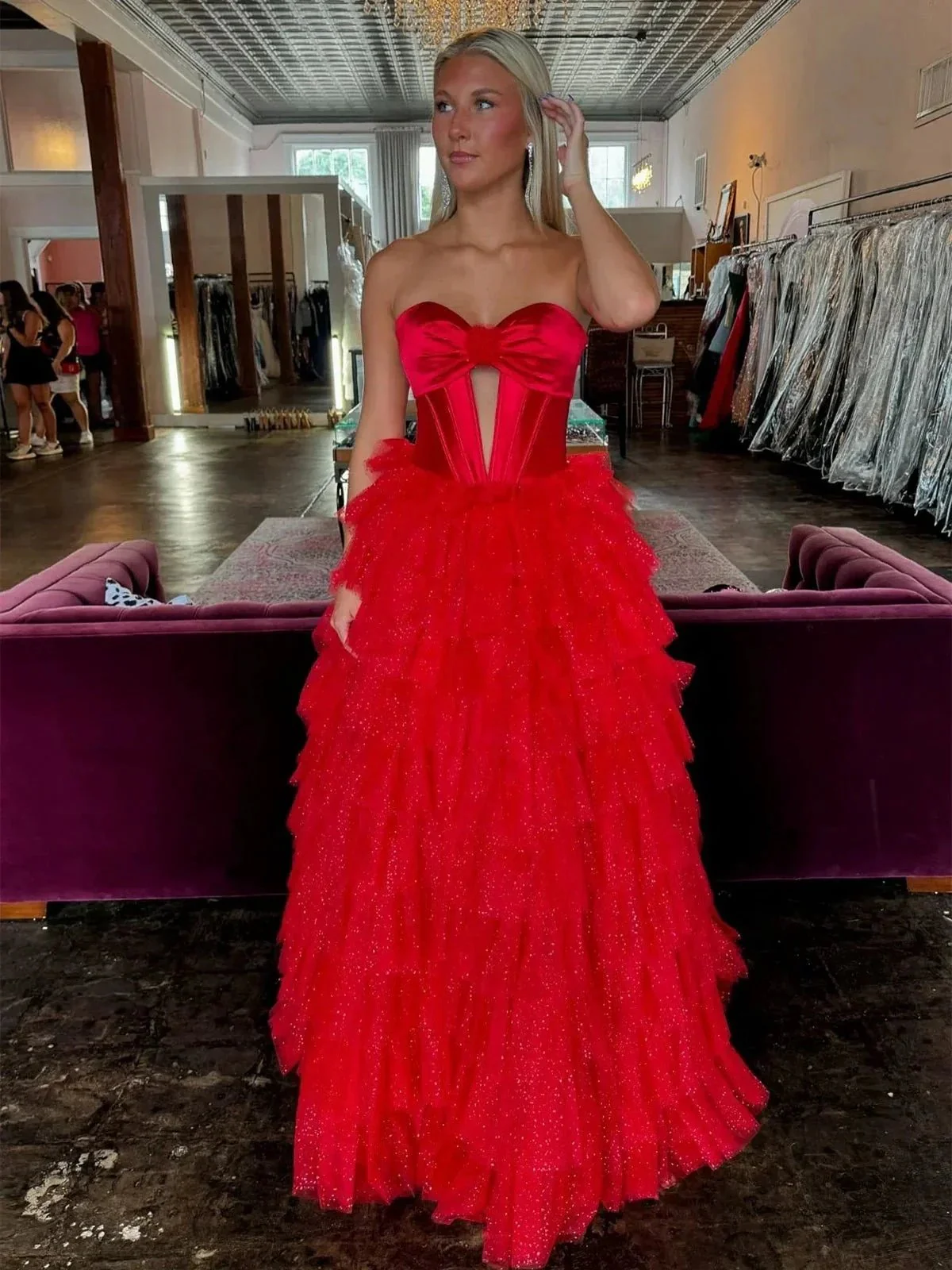 Rozara | Fuchsia A-Line Sweetheart Keyhole Tiered Tulle Long Prom Dresses - Image 8