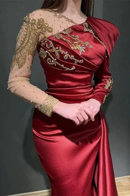 Ruby Asymmetrical Long Sleeves Mermaid Stretch Satin Prom Dress with Ruffles - Image 2