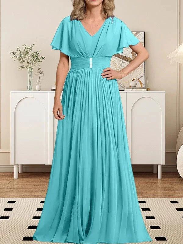A-line V-Neck Floor-Length Chiffon Mother of the Bride Dress With Crystal Brooch Pleated - Image 10